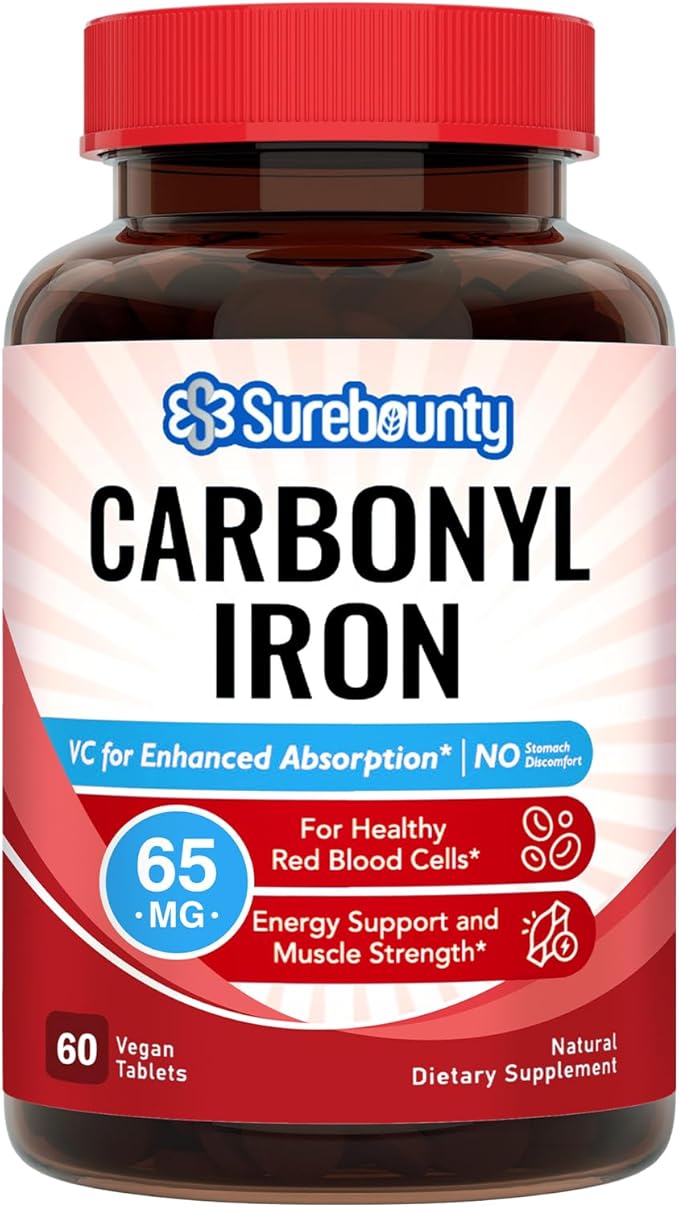 Iron Supplement 65mg with Natural Vitamin C, Gentle on The Stomach, High Absorption, for Red Blood Cell Function, Energy Support, and Muscle Health, Once Daily, Vegan, 60 Tabs