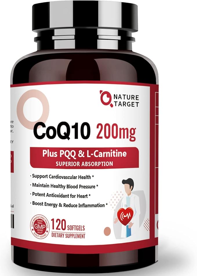 NATURE TARGET CoQ10-200mg with PQQ L-Carnitine & Omega-3s, High Absorption Coenzyme-Q10 with BioPerine, Supports Heart and Immune System, Cellular-Energy-Production, 120 Servings