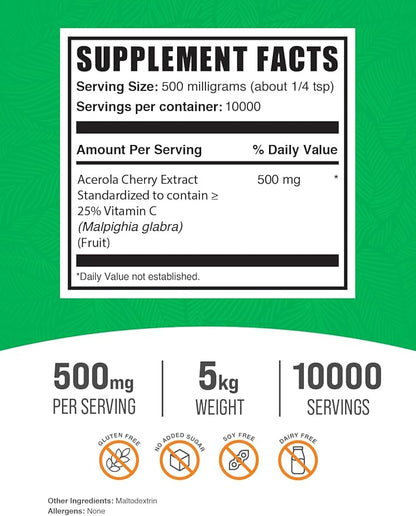 BulkSupplements.com Acerola Cherry Extract Powder - Natural Vitamin C Supplement, Acerola Cherry Powder - Vegan & Gluten Free, 500mg per Serving, 5kg (11 lbs) (Pack of 5)