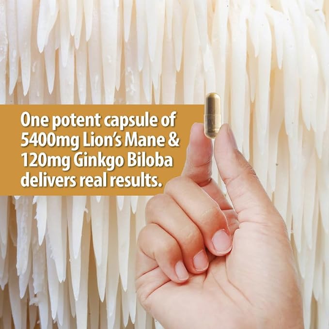 Organic Lions Mane Supplement Capsules 5400mg, Ginkgo Biloba 120mg – Vegan Lion Mane Mushroom Supplement for Cognitive Function, Mental Clarity, Focus & Memory – 2 Months