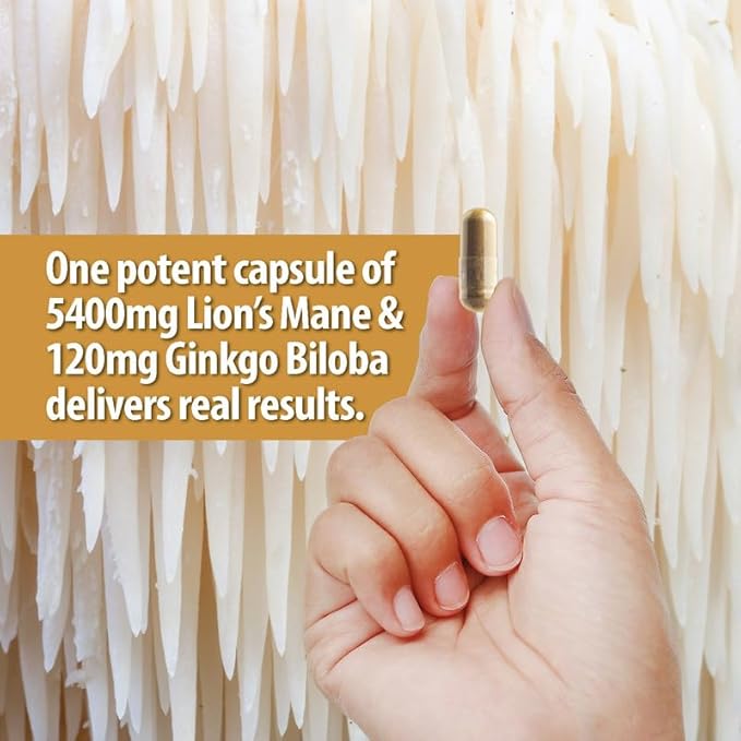 Organic Lions Mane Supplement Capsules 5400mg, Ginkgo Biloba 120mg – Vegan Lion Mane Mushroom Supplement for Cognitive Function, Mental Clarity, Focus & Memory – 2 Months