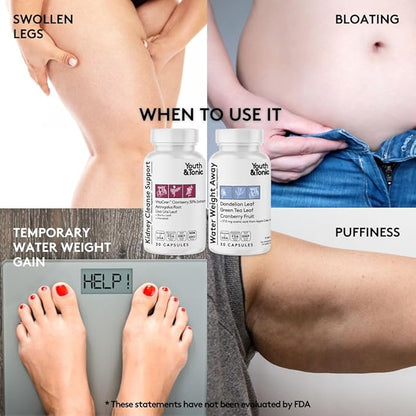 Youth & Tonic Daily Water Retention Pills for Kidney Cleanse Swelling and Excess Body Fluids & Metabolic Waste / 30 + 30 Capsules