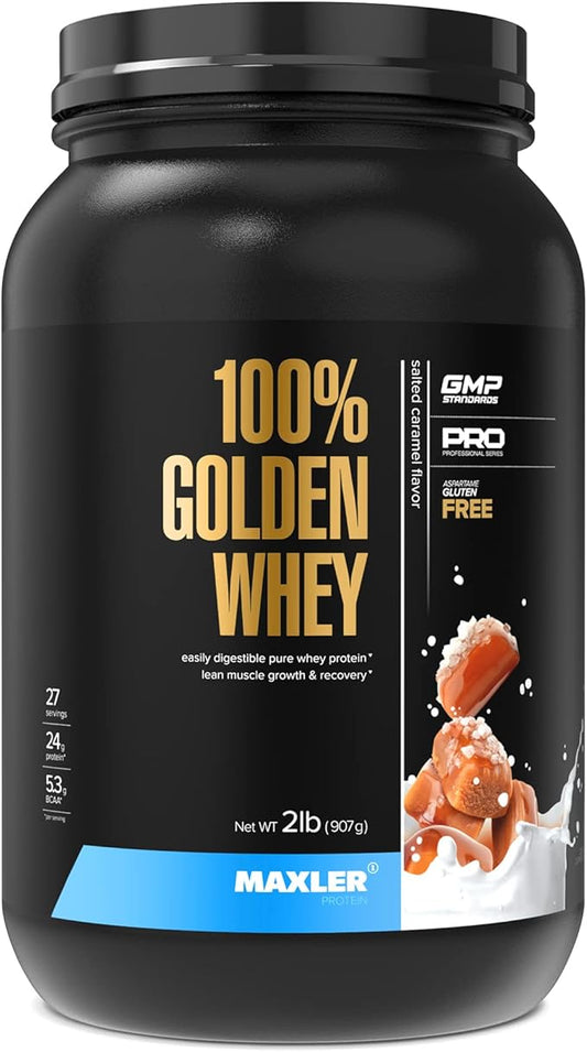 Maxler 100% Golden Whey Protein - 24g of Premium Whey Protein Powder per Serving - Pre, Post & Intra Workout - Fast-Absorbing Whey Hydrolysate, Isolate & Concentrate Blend - Salted Caramel 2 lbs