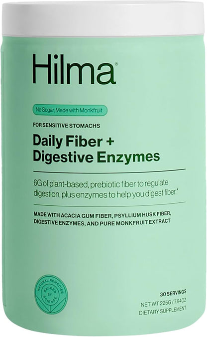 Hilma Daily Fiber + Digestive Enzymes – Fiber Supplement Powder with Prebiotics & Enzymes Formulated with Psyllium Husk & Acacia - Gluten Free, Vegan, FSA Eligible - Digestive Support - 30 Servings