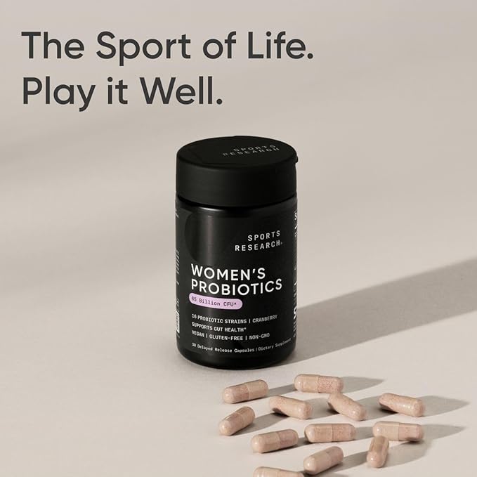 Sports Research Women's Probiotics with Prebiotics, 65 Billion CFU - Vegan Capsules for Gut Health & Digestive Support, Probiotics for Women with Cranberry - Non-GMO Verified & Gluten Free - 30 Count