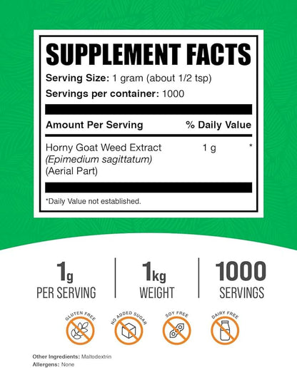 BulkSupplements.com Horny Goat Weed Extract - Epimedium Extract, Horny Goat Weed Herbal Supplements, Horny Goat Weed Powder- Gluten Free, 1000mg per Serving, 1kg (2.2 lbs) (Pack of 1)