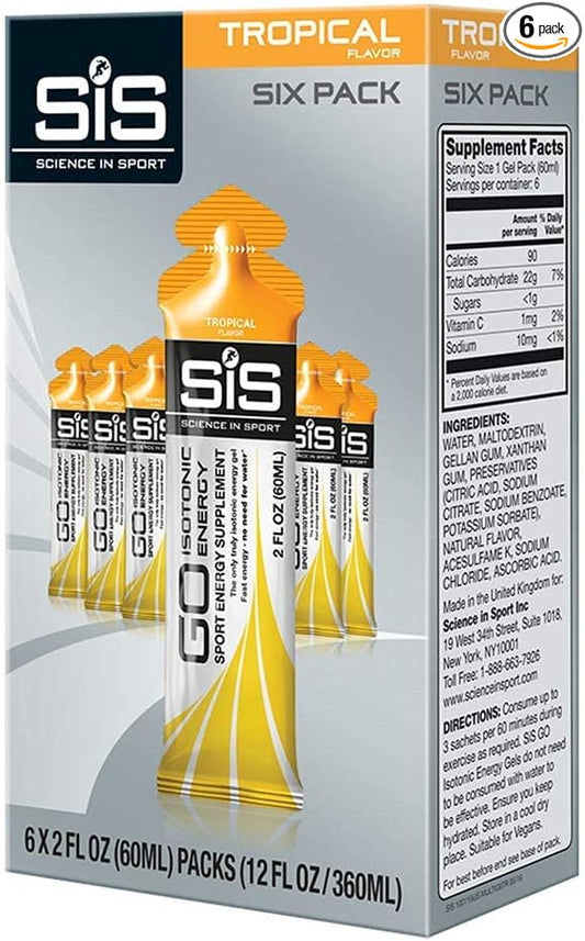 Science in Sport Energy Gel Pack, SIS Isotonic Energy Gel, 22g Fast Acting Carbs, Performance & Endurance Gels, Tropical Flavor - 2 Fl Oz (Pack of 6)