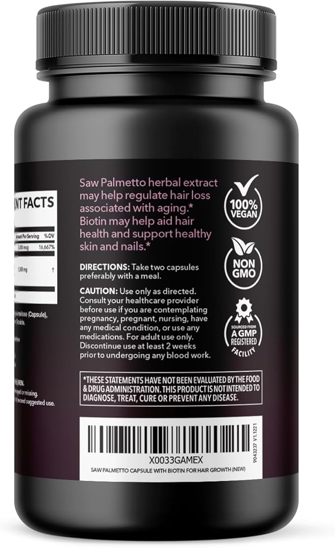 Saw Palmetto for Women + 5000 mcg Biotin Supplement | DHT Blocker Hair Health Vitamins | Supports Stronger Appearance of Hair for Women Post-Partum | 2 Month Supply Vegan Women's Saw Palmetto