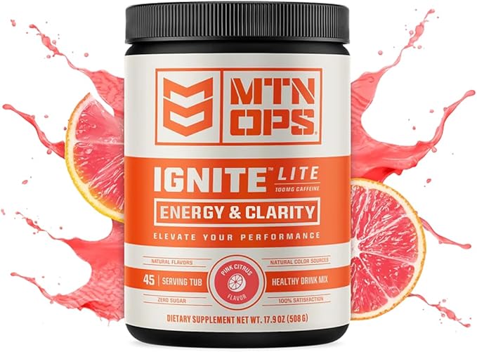 MTN OPS Ignite Lite Supercharged Energy Drink Mix - 100mg Caffeine, 45-Serving Tub, Pink Citrus Flavor