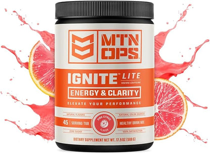 MTN OPS Ignite Lite Supercharged Energy Drink Mix - 100mg Caffeine, 45-Serving Tub, Pink Citrus Flavor