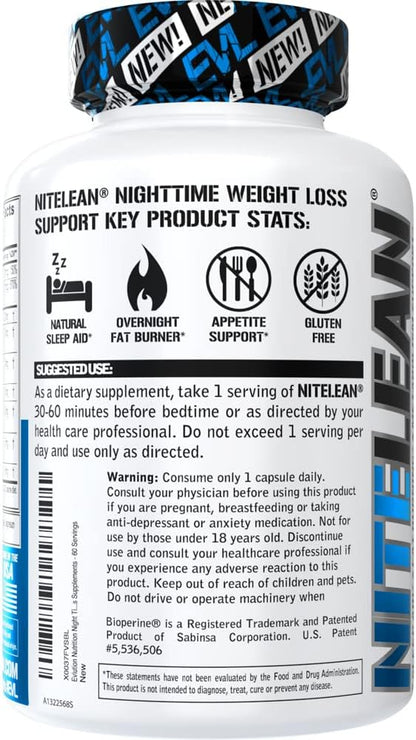 Evlution Nutrition Night Time Fat Burner Support - Overnight Sleep and Weight Loss Support Pills with Thermogenic Green Tea and White Kidney Bean Extract - Diet Pills That Support Stubborn Fat Loss