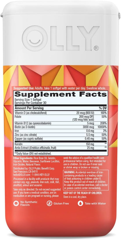 OLLY Ultra Strength Hair Softgels, Supports Hair Health, Biotin, Keratin, Vitamin D, B12, Hair Supplement, 30 Day Supply - 30 Count (Packaging May Vary)