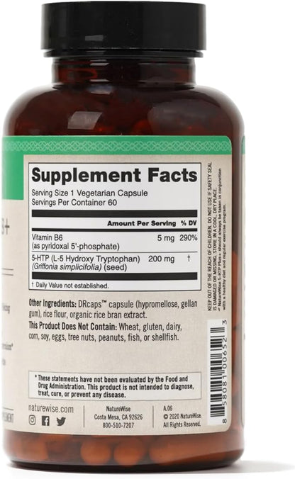 NatureWise 5-HTP 200mg, Vegan 5 HTP Plus Supplement from Griffonia Seeds with Cofactor Vitamin B6 - Mood Support Supplement & Natural Sleep Aid for Adults - Delayed-Release - 60 Count[2-Month Supply]