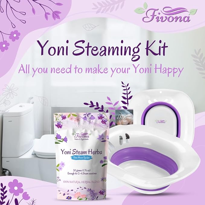 Fivona 2-in-1 Yoni Steaming Kit Over The Toilet Seat with V Steam Herbs Blue Moon Recipe for Detox, Cleansing, PH Balance and Odor Control