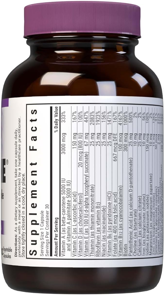 Bluebonnet Nutrition Mult One (with Iron), Daily Nutritional Support*, Vegetarian Friendly, Kosher Certified, Gluten-Free, Dairy-Free, 30 Vegetable Capsules, 30 Servings