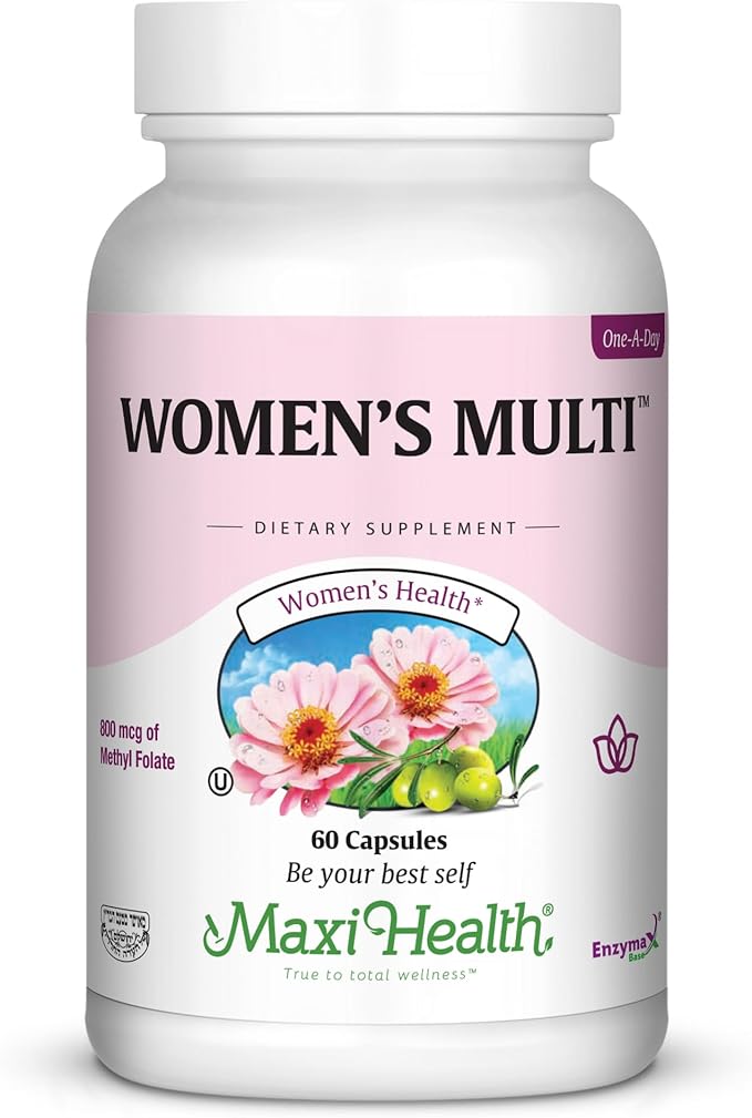 Maxi Health Women's Daily Multivitamin Biotin, Vitamins A B C D E, Calcium, Zinc, Lutein, Magnesium, Folate and More. Supports Gut Health for Women. Natural, Non-GMO, Gluten Free & Dairy Free Kosher