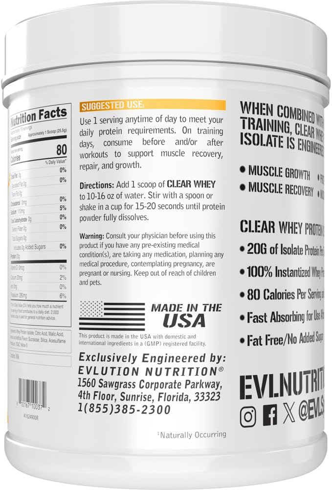 Evlution Nutrition Clear Whey - 100% Whey Protein Isolate - for Muscle Growth, Strength & Recovery - 20g Isolate Protein Per Serving - Fast Absorbing - Gluten & Fat Free - 1.1lb - Peach Mango