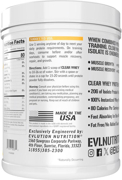 Evlution Nutrition Clear Whey - 100% Whey Protein Isolate - for Muscle Growth, Strength & Recovery - 20g Isolate Protein Per Serving - Fast Absorbing - Gluten & Fat Free - 1.1lb - Peach Mango