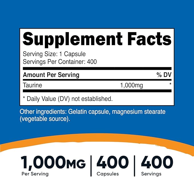 Nutricost Taurine 1000mg; 400 Capsules (3 Bottles)