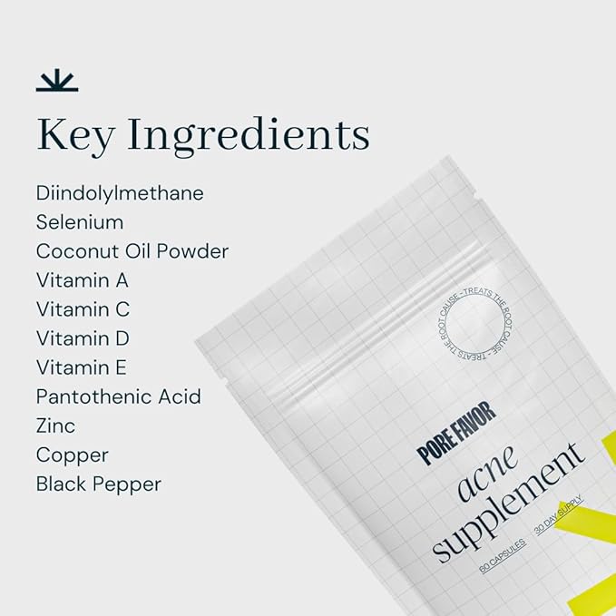POREFAVOR Acne Supplements – Includes DIM, Zinc + 10 actives targeting the 4 stages of acne development Clear Skin Vitamins for Spots, Blemishes & Oil Control, for Women, Men, & Teens (1 Month Supply)
