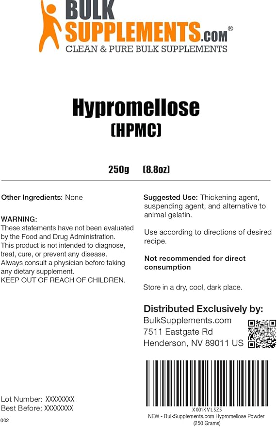BulkSupplements.com Hypromellose Powder - Hydroxylpropyl Methylcellullose, HPMC Powder - Excipient & Thickening Agent- Vegan Alternative, 250g (8.8 oz) (Pack of 1)