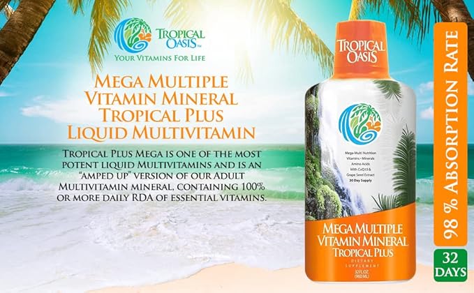 Tropical Oasis Mega Plus - Liquid Multivitamin and Mineral Supplement – Includes 85 Vitamins & Minerals, 20 Amino Acids + CoQ10, Grape Seed Extract & Organic Aloe Vera - 32oz, 32 Servings, 33460