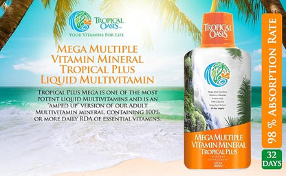 Tropical Oasis Mega Plus - Liquid Multivitamin and Mineral Supplement – Includes 85 Vitamins & Minerals, 20 Amino Acids + CoQ10, Grape Seed Extract & Organic Aloe Vera - 32oz, 32 Servings, 33460