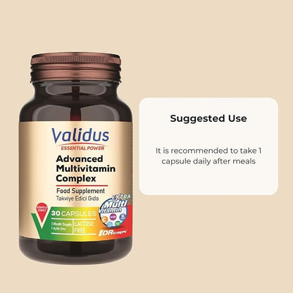 Validus Premium Advanced Multivitamin Complex with Essential Vitamin C, Vitamin D and E, Vitamin K, Vitamin B12, B6, B5, B2, B1, Magnesium, Iron, Zinc Supplements, Gluten-Free - 30 Capsules