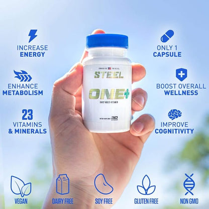 Steel Supplements ONE+ | Once Daily Multivitamin for Men and Women | Mineral Supplement for Immunity and Vitality | Vitamins A B C D E, Biotin, Spectra, Zinc, Magnesium | 30 Day Supply