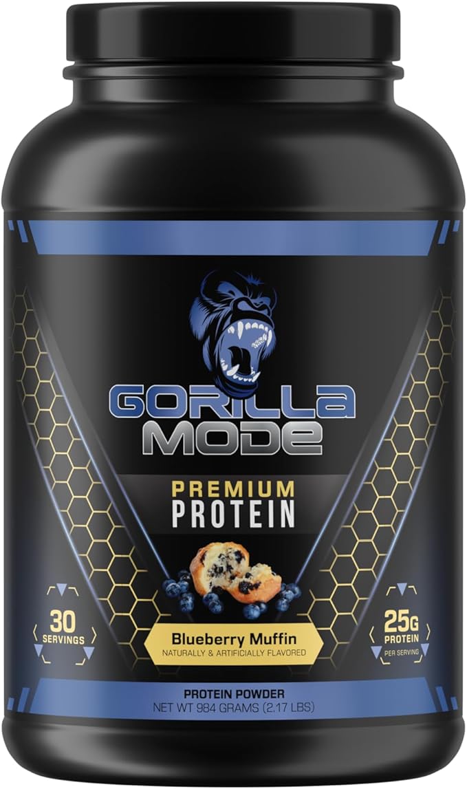 Gorilla Mode Premium Whey Protein - Blueberry Muffin / 25 Grams of Whey Protein Isolate & Concentrate/Recover and Build Muscle (30 Servings)