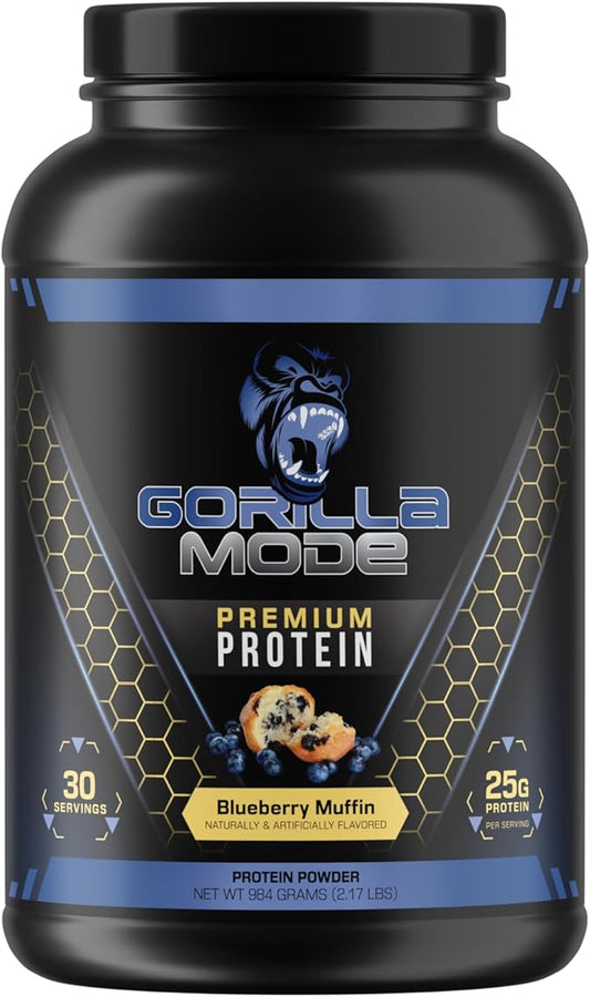 Gorilla Mode Premium Whey Protein - Blueberry Muffin / 25 Grams of Whey Protein Isolate & Concentrate/Recover and Build Muscle (30 Servings)
