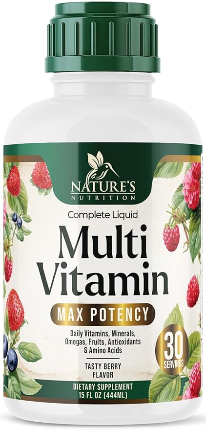 Liquid Multivitamin, Sugar Free Multi Vitamin for Women Men & Kids, Vitamins A, C, D, B-12, Biotin & Zinc for Beauty, Skin Care, Thicker Hair Growth & Wrinkles, Non-GMO, Vegan, Berry Flavor, 15 Fl Oz