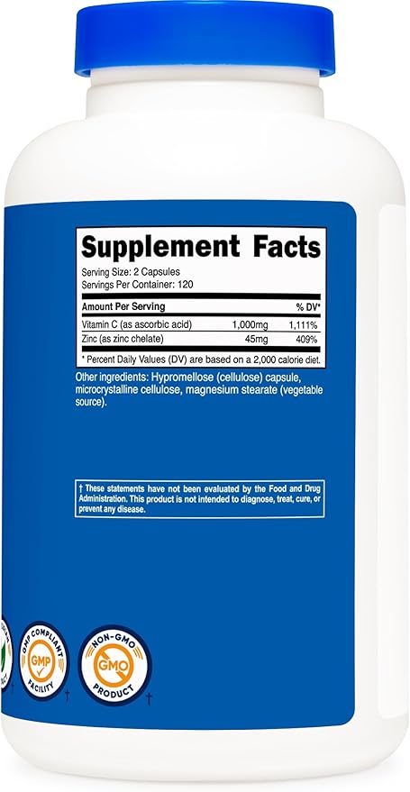 Nutricost Vitamin C with Zinc Supplement Capsules, 120 Servings - 1000mg Vitamin C, 45mg Zinc, Non-GMO, Gluten Free