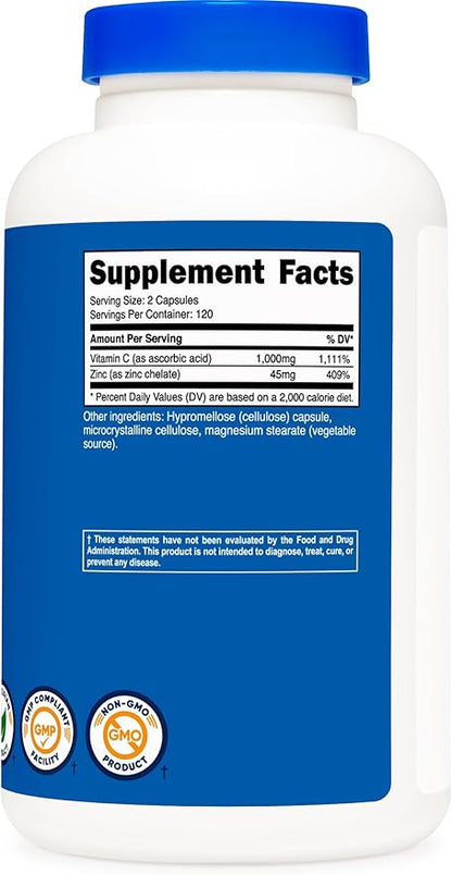 Nutricost Vitamin C with Zinc Supplement Capsules, 120 Servings - 1000mg Vitamin C, 45mg Zinc, Non-GMO, Gluten Free