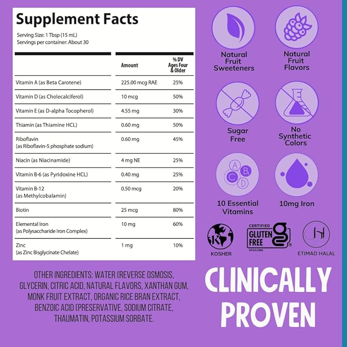 NovaFerrum Yum 16 Fl Oz | Multivitamin with Iron for Women, Men & Kids | Gluten Free Certified | Sugar Free | Ages 4 & Up | Raspberry Grape