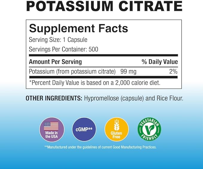 Puregen Labs Potassium Citrate 99 mg of Elemental Potassium Supplement | No Harmful Additives | Non-GMO, Gluten Free | Made in USA - 500 Vegetarian Capsules