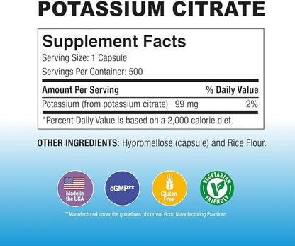 Puregen Labs Potassium Citrate 99 mg of Elemental Potassium Supplement | No Harmful Additives | Non-GMO, Gluten Free | Made in USA - 500 Vegetarian Capsules