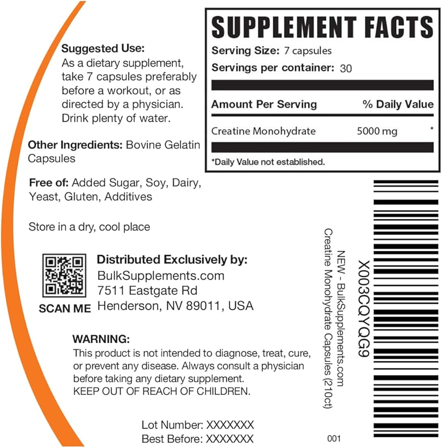 BulkSupplements.com Creatine Monohydrate Capsules - Micronized Creatine Monohydrate, Creatine Pills - 7 Creatine Capsules per Serving, 5000mg, Gluten Free, 210 Capsules (Pack of 1)