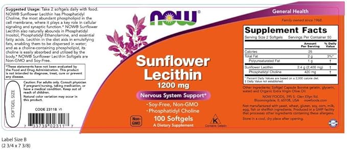 NOW Foods Supplements, Sunflower Lecithin 1200 mg with Phosphatidyl Choline, 100 Softgels