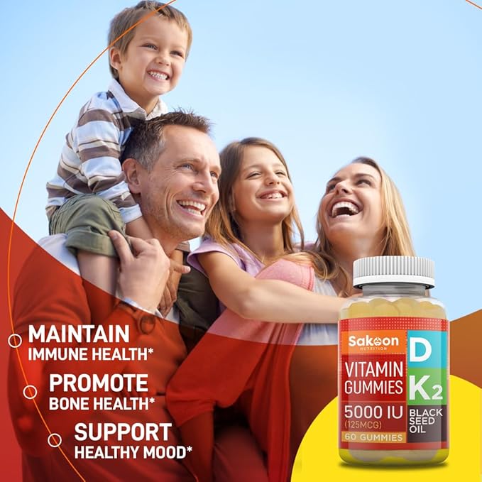 Sakoon nutrition 5000 IU Vitamin D3 K2 Vitamin Supplement with Black Seed Oil for Bone, Teeth, Muscle, and Immune Defense Support, Non-GMO and Gluten Free, 60 Gummy Chewables