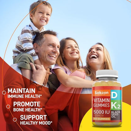 Sakoon nutrition 5000 IU Vitamin D3 K2 Vitamin Supplement with Black Seed Oil for Bone, Teeth, Muscle, and Immune Defense Support, Non-GMO and Gluten Free, 60 Gummy Chewables