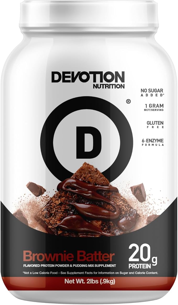 Devotion Nutrition Protein Powder Blend | Gluten Free, Keto Friendly, No Added Sugars | 1g MCT | 20g Whey & Micellar Protein | 2lb Tub (Brownie Batter)