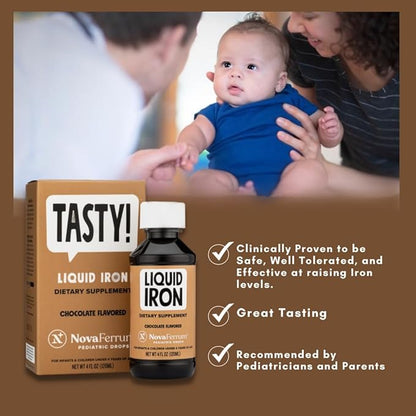NovaFerrum Tasty | Pediatric Drops Liquid Iron Supplement for Infants, Toddlers & Kids | 15mg of Iron Per 1mL Dose | Ages 4 & Under | Gluten Free | Sugar Free | Chocolate Flavored | 120 Servings
