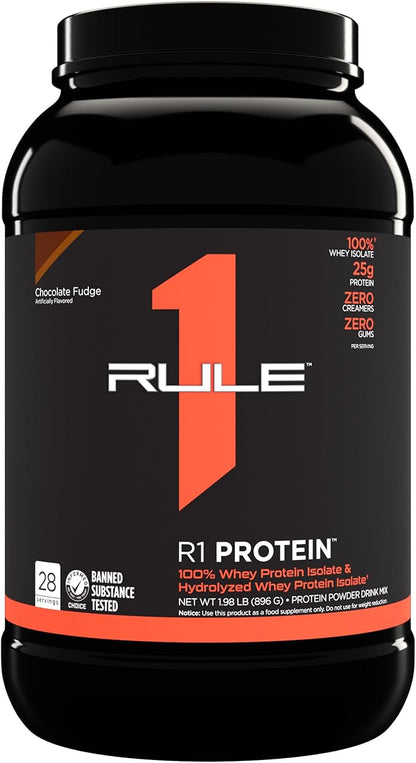 Rule One Proteins R1 Protein - 25g Fast-Acting, Super-Pure 100% Isolate and Hydrolysate Protein Powder with 6g BCAAs (2 Pounds*, Chocolate Fudge)