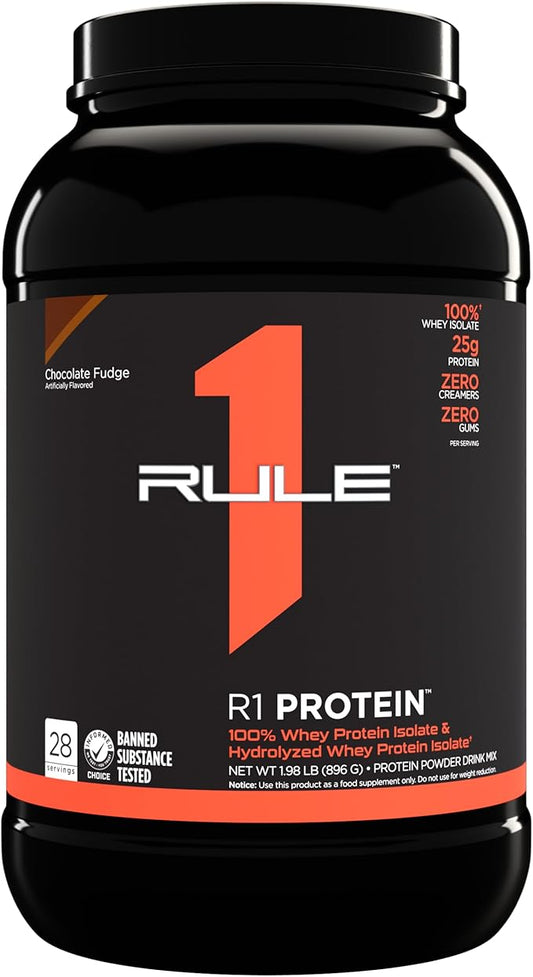 Rule One Proteins R1 Protein - 25g Fast-Acting, Super-Pure 100% Isolate and Hydrolysate Protein Powder with 6g BCAAs (2 Pounds*, Chocolate Fudge)