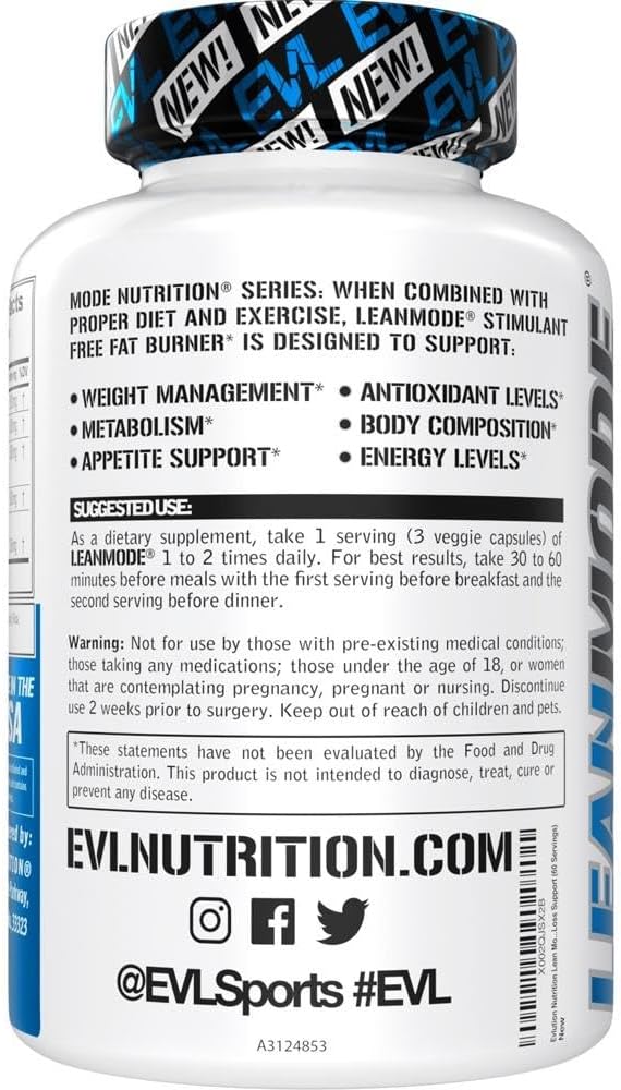 EVL Weight Loss Support Pills - Premium Multipurpose Appetite Metabolism and Fat Loss Support for Men and Women - LeanMode with Green Coffee Bean Extract CLA and Garcinia Cambogia - 60 Servings