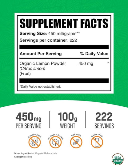 BulkSupplements.com Organic Lemon Powder - Natural Vitamin C Source, Fruit Powder, Lemon Flavoring - for Immune Support, Gluten Free, 450mg per Serving, 100g (3.5 oz) (Pack of 1)