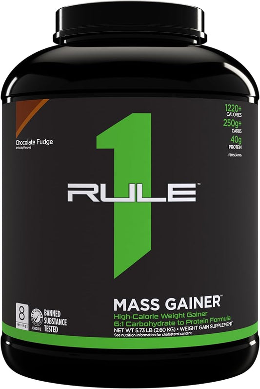 Rule One Proteins, Mass Gainer - Chocolate Fudge, High-Calorie Weight Gain Formula with 1,220+ Calories, 250g+ Complex Carb Blend, 40g All-Whey Protein, 8g of Fat Per Serving, 6 Pounds, 8 Servings