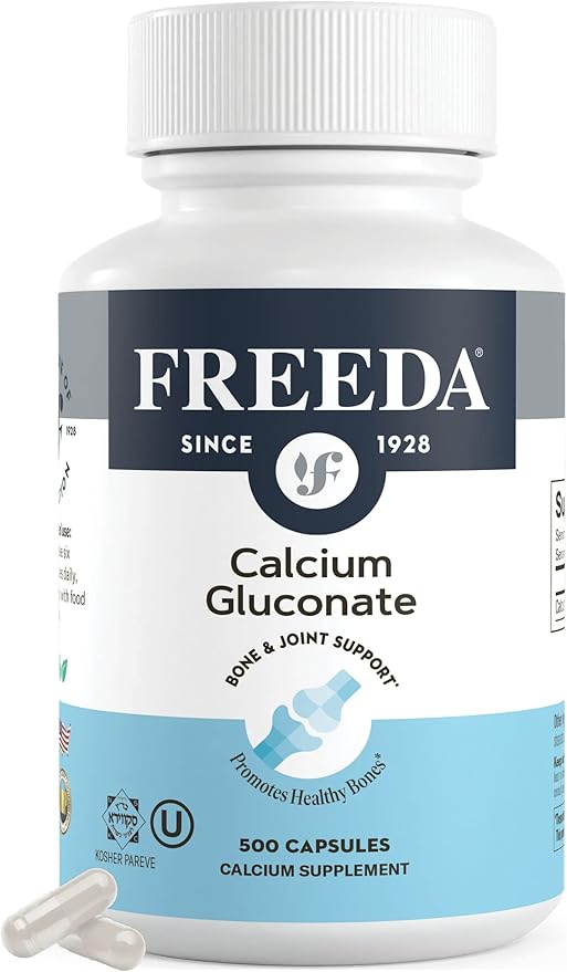 Freeda Calcium Gluconate - Kosher Vegan Calcium Supplement for Women & Men - Easy to Digest - Bone Health Supplement & Joint Support - Pure Calcium Supplement Without Vitamin D (500 Capsules)