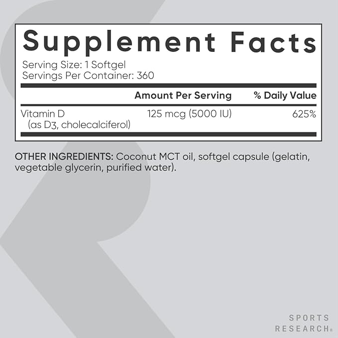 Sports Research Vitamin D3 5000 IU with Coconut MCT Oil - High Potency Vitamin D Supplement for Immune & Bone Support - Non-GMO Verified, Gluten & Soy Free – 125mcg, 360 Liquid Softgels